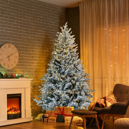 7 FT Pre-lit Snow Flocked Christmas Tree, Artificial Hinged Xmas Pine Tree With 1100 Branch Tips - view 4