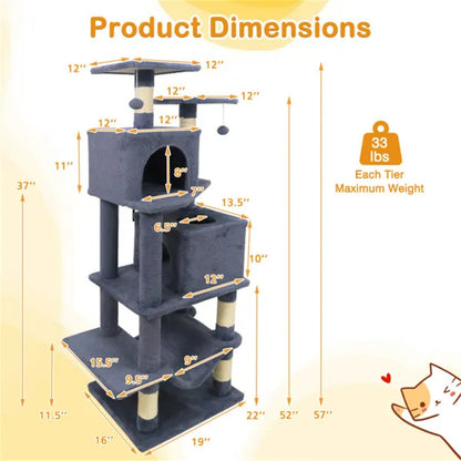 57" Multi-Level Cat Tree For Multi-Cat Households, 2 Condos & Hammock With Sisal Scratching Posts-Gray - view 3