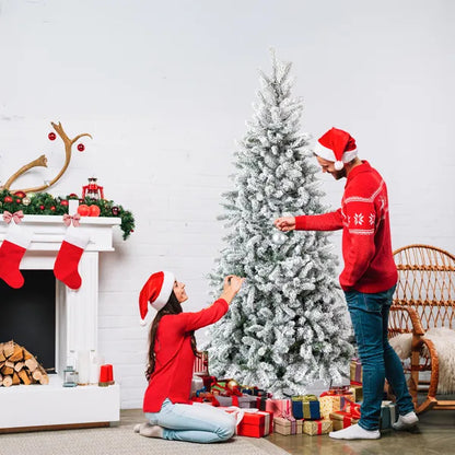 7 FT Snow Flocked Pre-lit Artificial Pencil Christmas Tree, Hinged Xmas Pine Tree With 1100 Branch Tips And 400 Lights - view 2