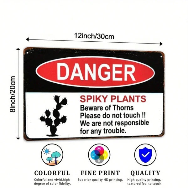 1pc Fun Spiky Plant Warning Sign, Cactus Danger Metal Plate, Heavy-Duty Aluminum Decor - view 5