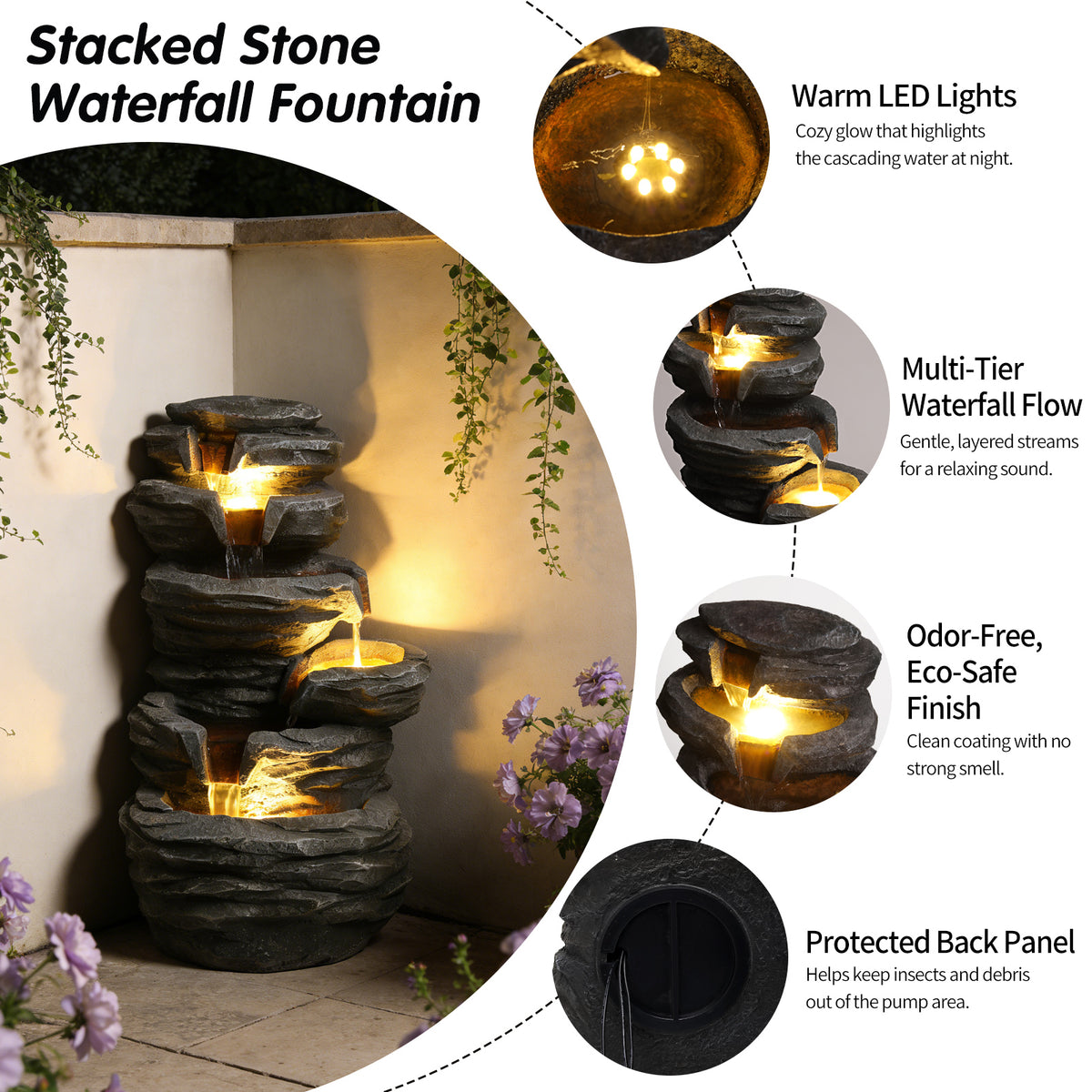 Outdoor Waterfall Fountain With Lights Stacked Rock Cascading Water Feature Resin Garden Decor For Patio Yard Porch - view 7