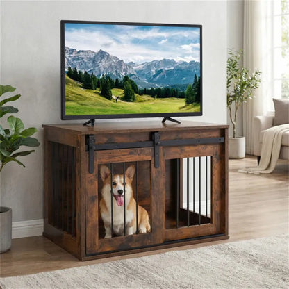 31.5" Dog Crate Furniture With Sliding Barn Door, Wooden Dog Kennel End Table For Indoor Use - Rustic Brown - view 5