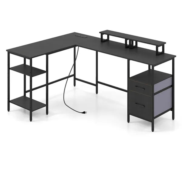 L-Shaped Corner Desk With Charging Station, Reversible Monitor Stand & Foldable Fabric Drawers - view 2