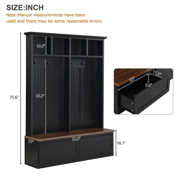 Farmhouse 4-in-1 Hall Tree With Wood Grain Bench, Mudroom Versatile Coat Rack With 2 Large Drawer - view 2