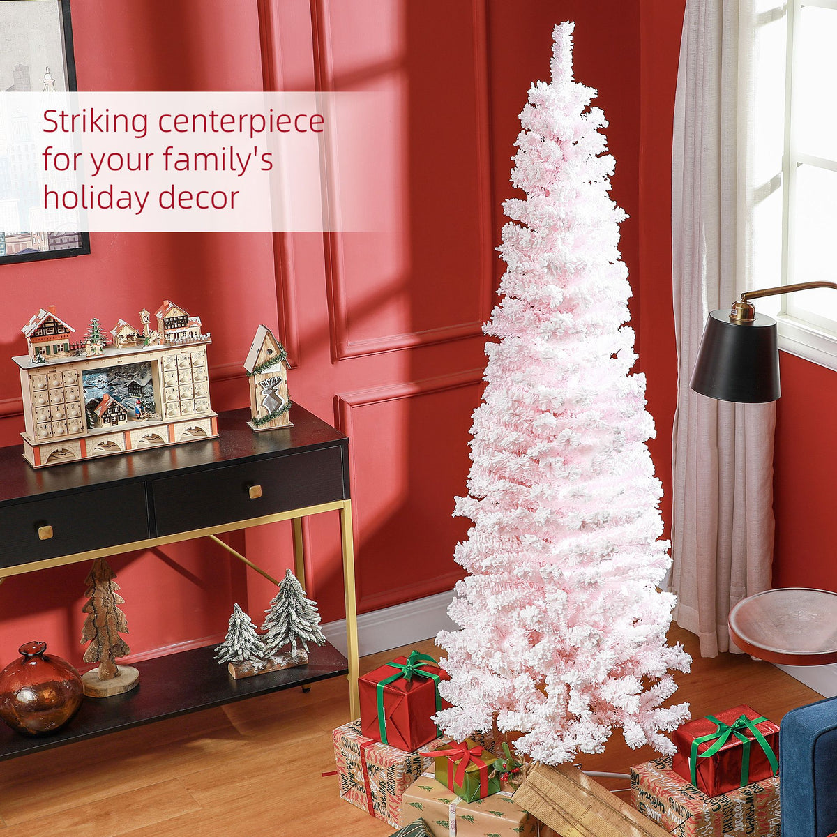 6ft Flocked Christmas Tree, Pencil Christmas Tree With Realistic Branch Tips, Folding Metal Stand - view 4