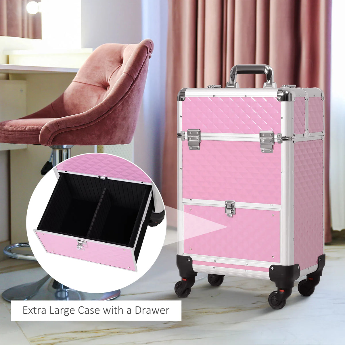 Makeup Train Case Portable Aluminum Rolling Cosmetic Organizer Trolley 4 Wheels Pink Salon Beauty Jewelry Storage - view 5