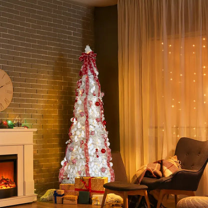 6 FT Fully Decorated Pre-lit Christmas Tree, Pop Up Artificial Xmas Tree With 100 Warm Lights And Red Ornaments - view 5