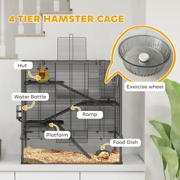 4 Tier Hamster Cage With Deep Tempered Glass Bottom, Running Wheel, Hut, Water Bottle, Food Dish - view 2