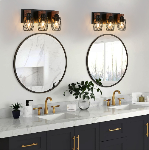 18inch Industrial Vintage 3-Light Wall Sconce - Black Cage Wall Lighting Fixture With Wooden Accents For Bathroom - view 8