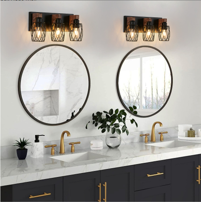18inch Industrial Vintage 3-Light Wall Sconce - Black Cage Wall Lighting Fixture With Wooden Accents For Bathroom - view 8