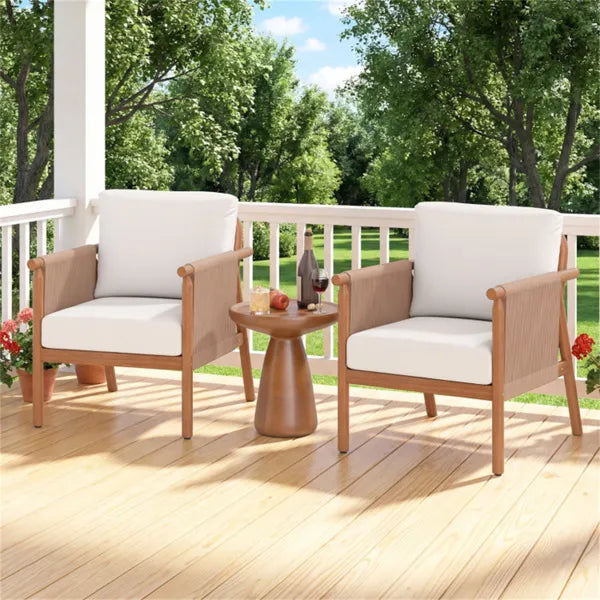 White Boho Patio Acacia Wood Chair With Woven Rope Armrests, Cushioned Outdoor Accent Chair For Porch Balcony - view 2