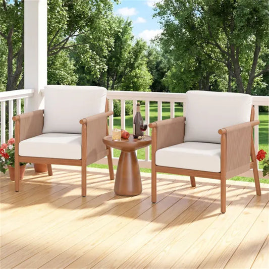 White Boho Patio Acacia Wood Chair With Woven Rope Armrests, Cushioned Outdoor Accent Chair For Porch Balcony - view 2