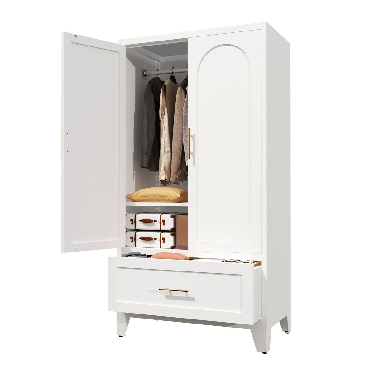 60inch Tall Metal Wardrobe Cabinet With 1 Drawer And Hanging Rod, 2 Doors Wardrobe Closet With Shelf For Bedroom - view 8