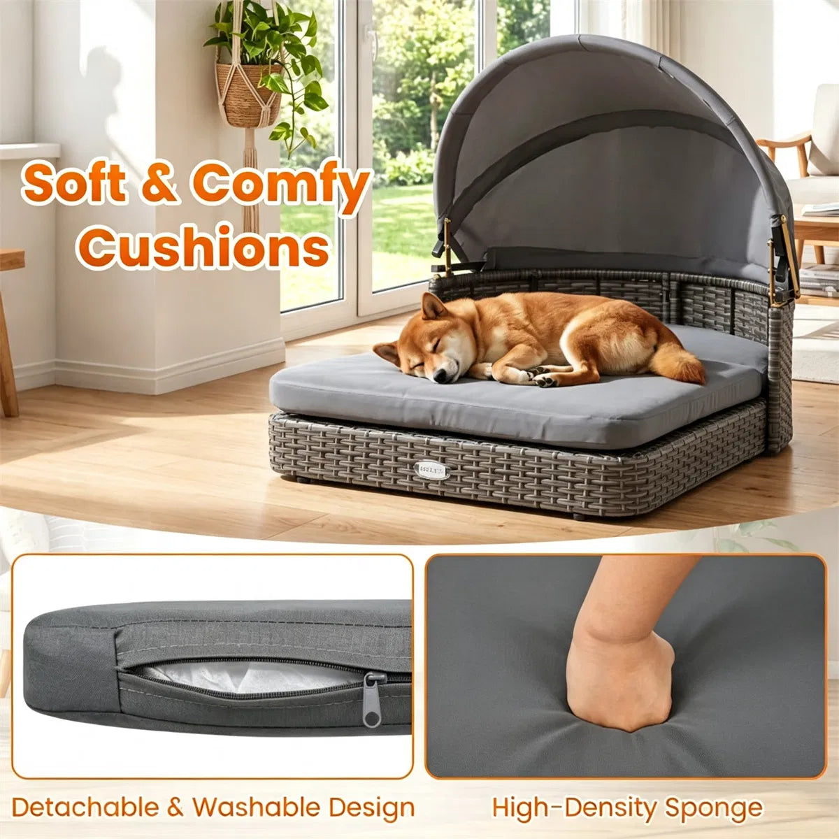 Gray Hand-Woven PE Rattan Dog Bed with Adjustable Canopy, Elevated Outdoor Pet Daybed with Washable Plush Cushion - view 3