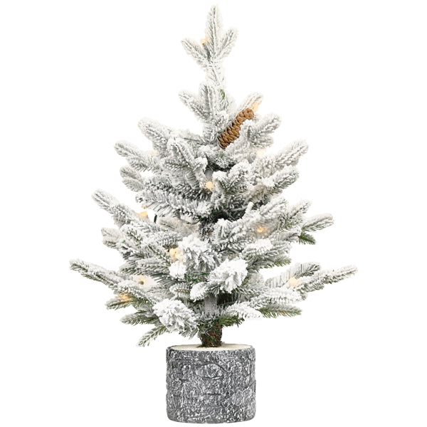 Artificial 2ft Decorated Flocking Basin Tree With 189 PE PVC Mixed Branch Tips, Pine Conex3, 30L Wram White Light