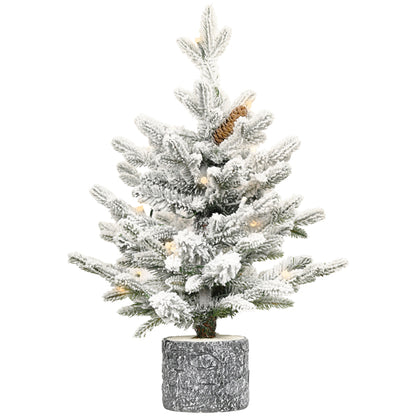 Artificial 2ft Decorated Flocking Basin Tree With 189 PE PVC Mixed Branch Tips, Pine Conex3, 30L Wram White Light