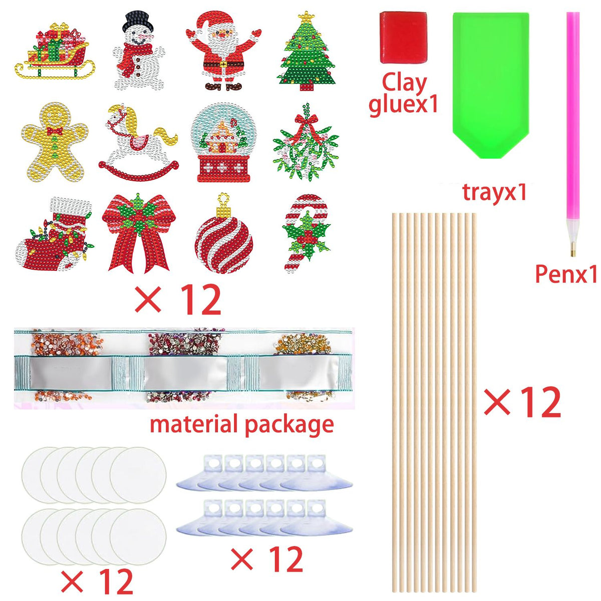 12Pcs Christmas Rhinestones Painting Kits Santa Claus Snowman Gingerbread Man Christmas Stockings Bows Design - view 6