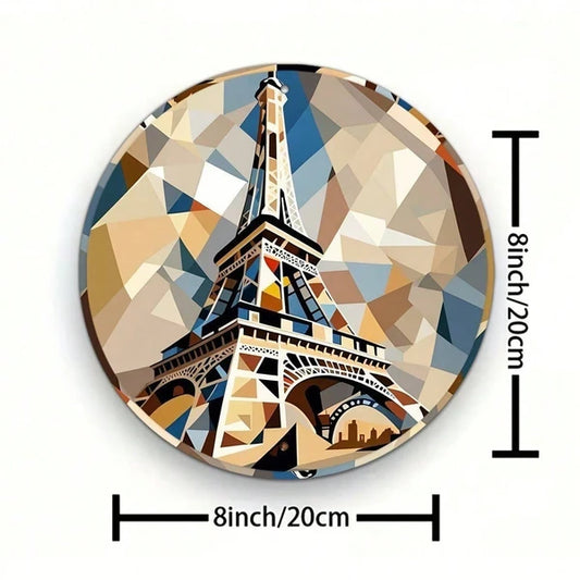 Vintage Eiffel Tower Metal Sign 7.87x7.87 Inch, Geometric Round Decorative Wall Art For Home Cafe Garage