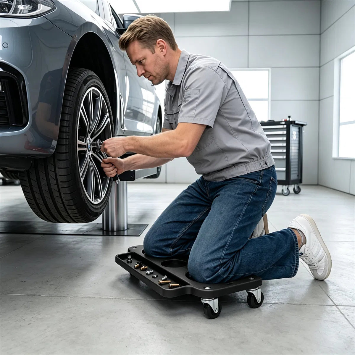 Black Rolling Knee Creeper with EVA Foam Cushioned Pads, 300 LBS Capacity Garage Knee Dolly with Magnetic & Long Tool - view 3