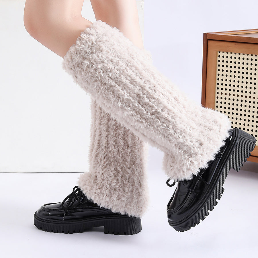 Autumn Winter Solid Knitted Fuzzy Sock Covers Women Thickened Warm Y2K Style Fleece-Lined Fluffy Fur Leg Warmers Calf - view 4