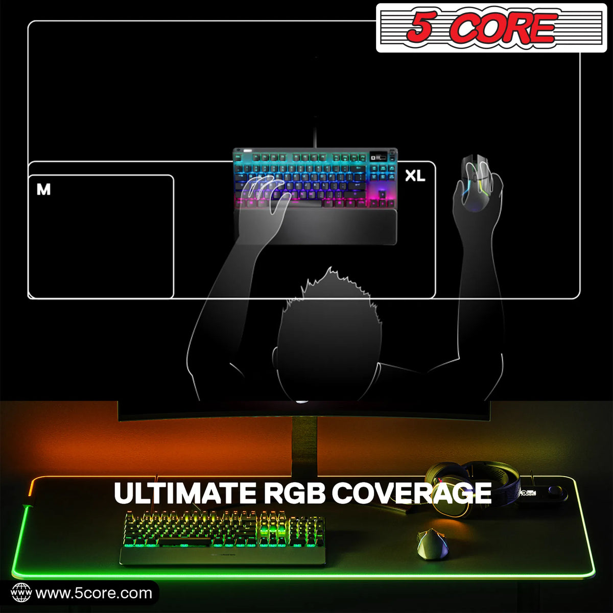 5Core Gaming Mouse Pad RGB 12 Light Modes 2 Zone Desk Mouse Mat w Rubber Base - view 9
