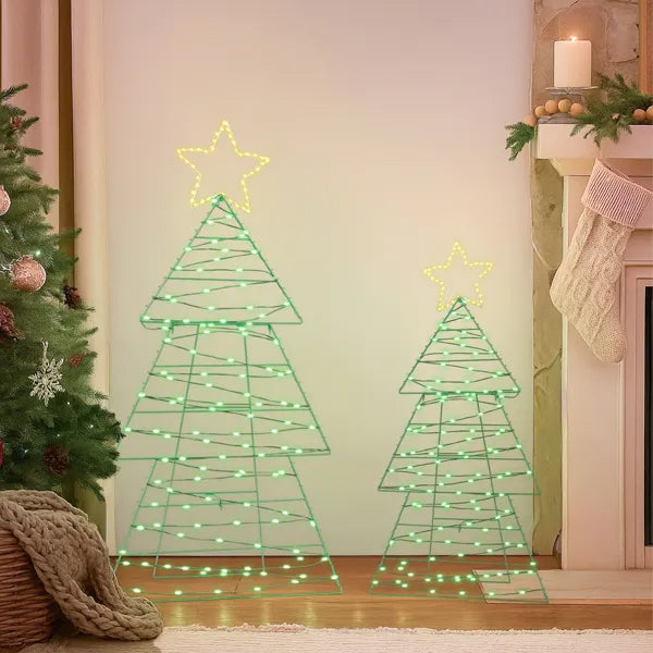 Set Of 2 Lighted Metal Christmas Tree Yard Decorations, Pre-lit Holiday Decor With 150 Green And Warm White LED Lights - view 2