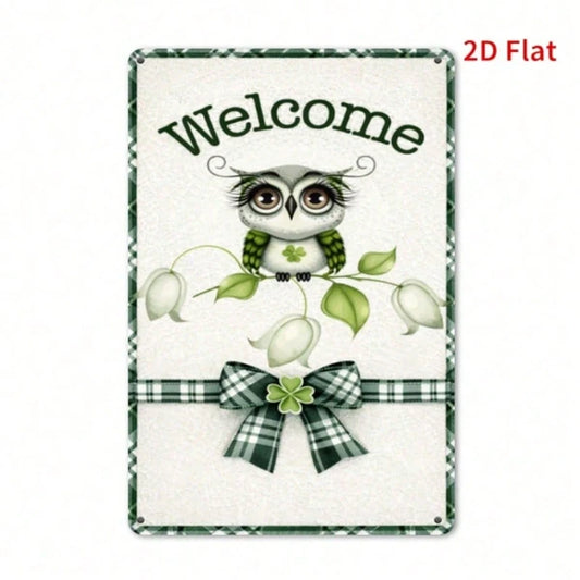 Vintage Green Owl Metal Sign, Cute Floral Wall Art, Waterproof Rustproof 2D Flat Decor For Home Cafe Restaurant Office - view 2