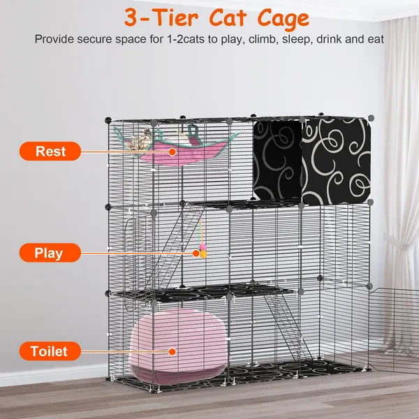 3-Tier Cat Cage Enclosure Indoor Cat Cage Playpen With Hammock Toy Ball Ladder DIY Iron Wire Cat House Kennels Crate - view 4