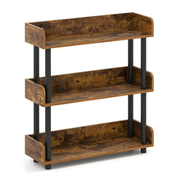 3-Tier Industrial Bookshelf With Anti-Falling Guardrails, 33 LBS Per Shelf Storage Organizer - Rustic Brown - view 2