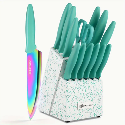 14-Piece Rainbow Colored High Carbon Stainless Steel Kitchen Knife Set, Titanium Coated Blade, Rust-Free & Super Sharp