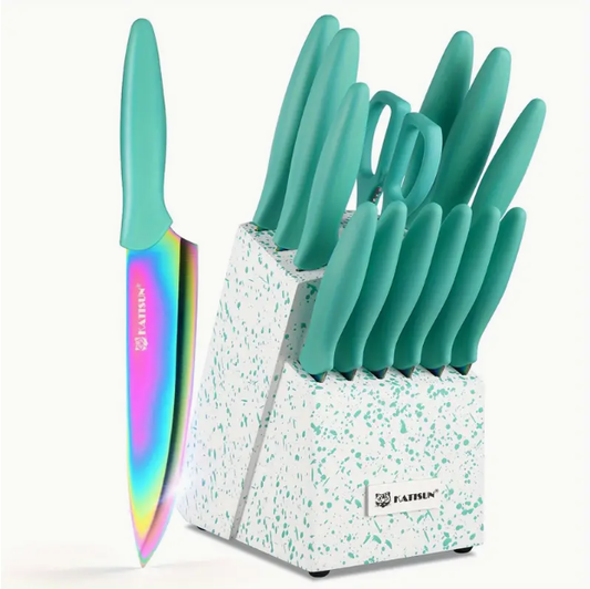 14-Piece Rainbow Colored High Carbon Stainless Steel Kitchen Knife Set, Titanium Coated Blade, Rust-Free & Super Sharp