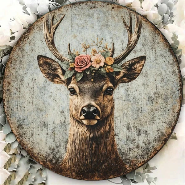 1pc 8x8in Vintage Deer Head Wreath Sign, Deer Head Wreath Sign, Wreath Sign, 2D Flat Round Aesthetic Antler Plaque - view 2
