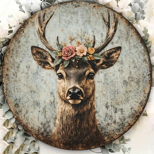 1pc 8x8in Vintage Deer Head Wreath Sign, Deer Head Wreath Sign, Wreath Sign, 2D Flat Round Aesthetic Antler Plaque - view 2
