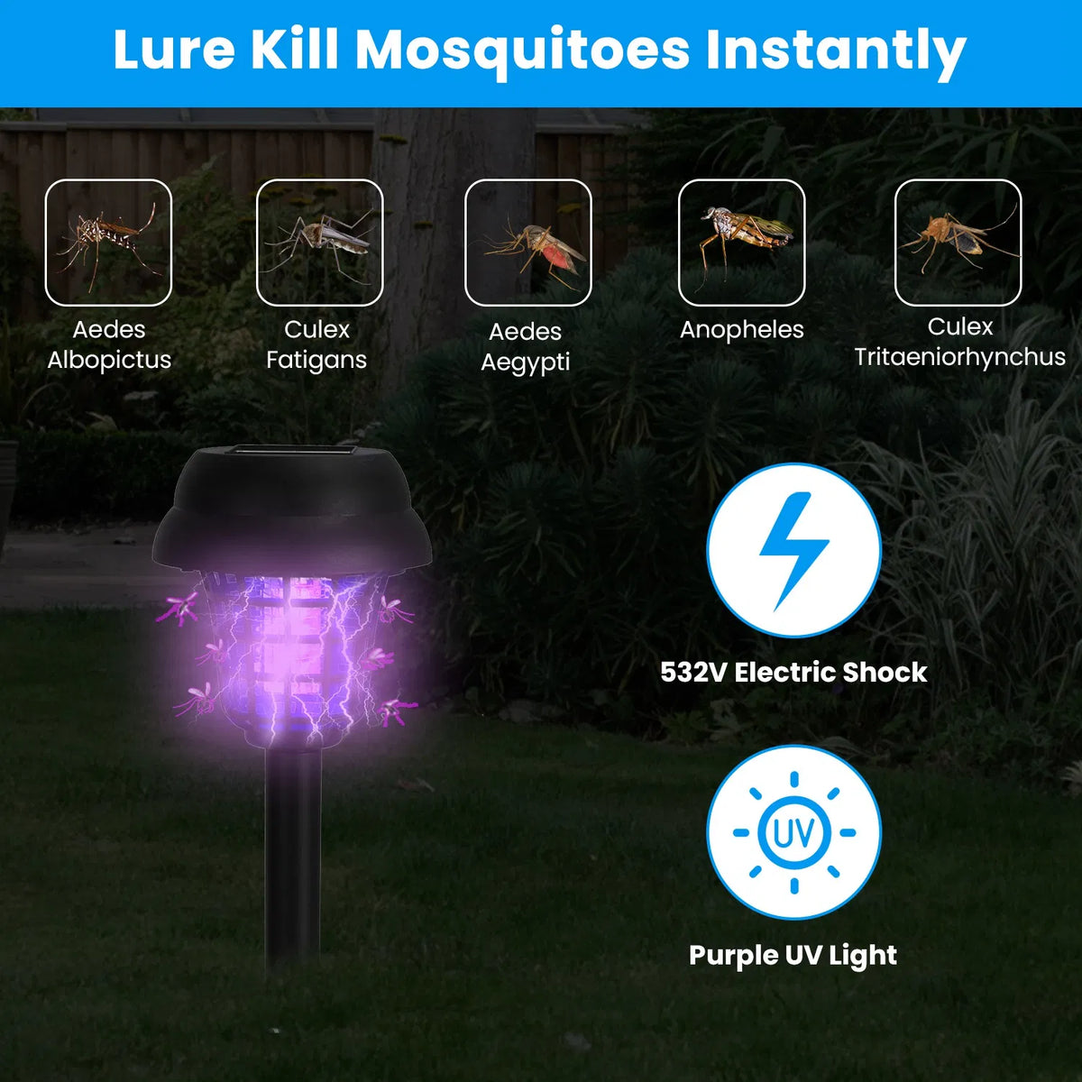 Solar Mosquito Zapper 4-Pack Dual Purple UV & White LED Modes, 532 V Electric Shock, Auto On Off