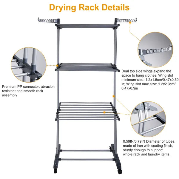 Clothes Drying Rack Rolling Collapsible Laundry Dryer Hanger Stand Rail Shelve Wardrobe Clothing Drying Racks - view 3