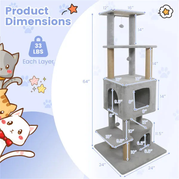 64" Light Gray Cat Tower With Plush Perches & 3 Dangling Balls, Jute Scratching Posts & Anti-Tipping Device - view 3