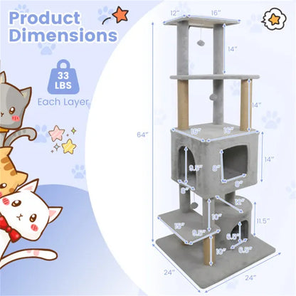 64" Light Gray Cat Tower With Plush Perches & 3 Dangling Balls, Jute Scratching Posts & Anti-Tipping Device - view 3
