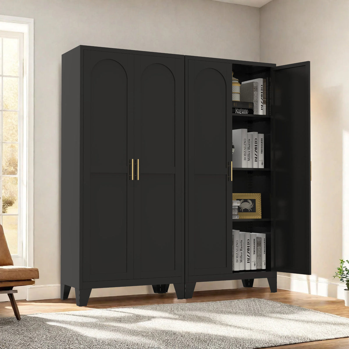 61'' 2 Shapely Doors Cabinet, Metal Storage Cabinet With Doors And Adjustable Shelves, For Bedroom, Living Room Black