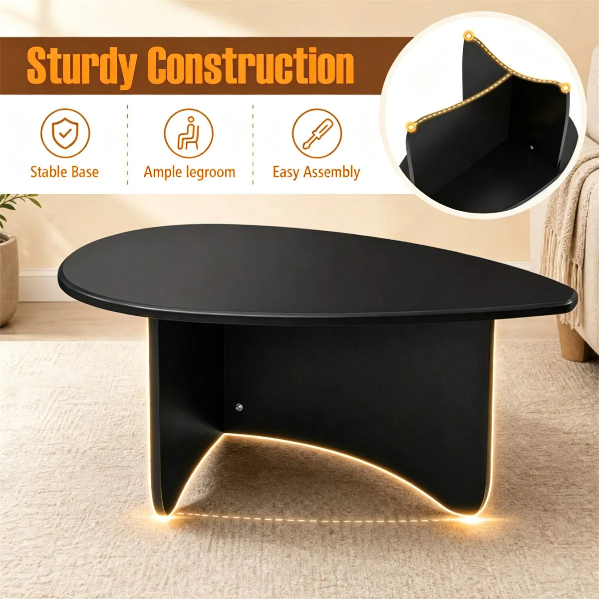 Oval Modern Coffee Table, Engineered Wood Low Accent Table with TShaped Arched Base - view 6