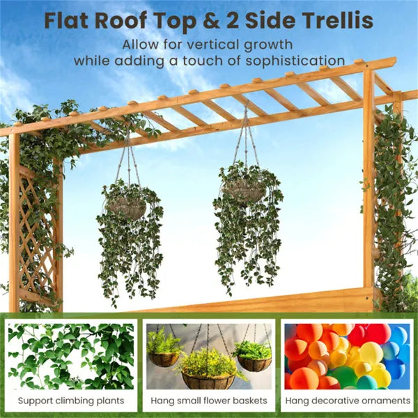 Wooden Raised Garden Bed With Trellis & Flat Roof, Open-Ended Base Planter Box For Climbing Plants/Vegetables/Flowers - view 3