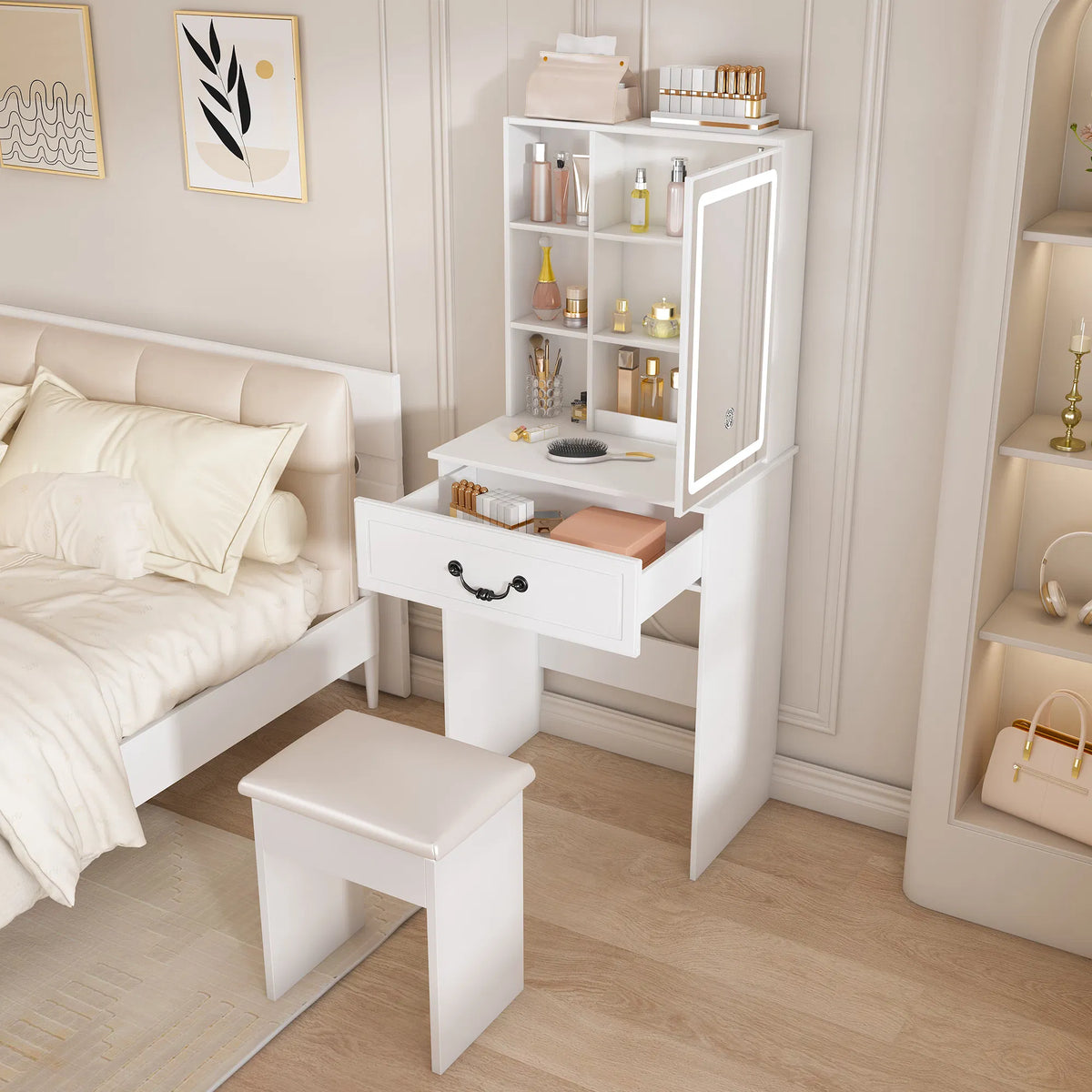 Modern Mini Dressing Table with LED-lit Mirror & Hidden Storage,Includes Padded Stool,Adjustable Brightness Vanity Desk - view 8