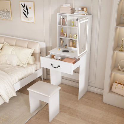 Modern Mini Dressing Table with LED-lit Mirror & Hidden Storage,Includes Padded Stool,Adjustable Brightness Vanity Desk - view 8