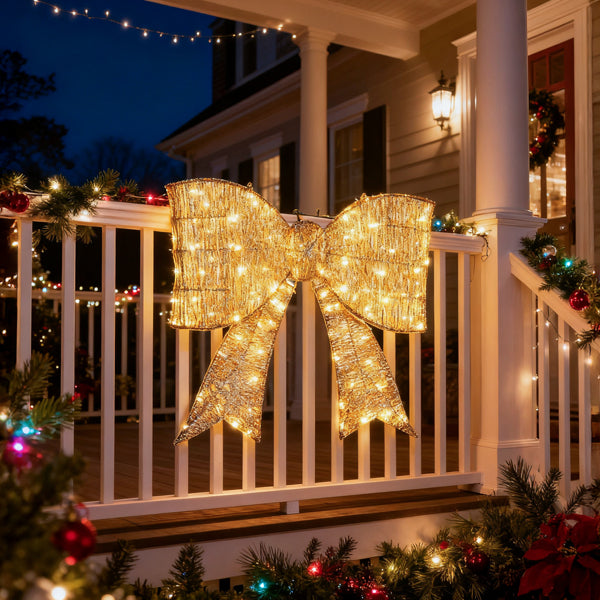 Pre-lit Outdoor Giant Bowknot Christmas Decoration, Lighted Metal Frame With 124 Warm White LED Lights - view 2