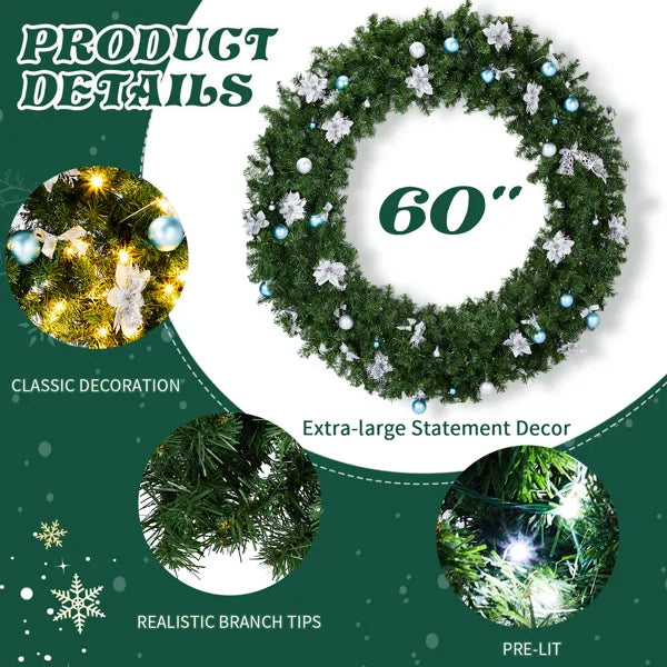 60in Pre-lit Christmas Wreath, Lighted Artificial Xmas Wreath With 220 Cold & Warm White Lights And 600 PVC Tips - view 7