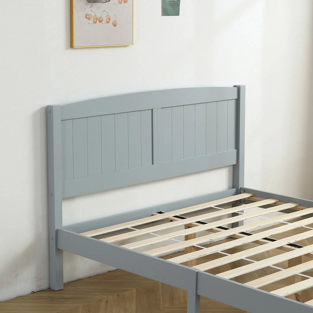 Full Single Bed Frame Vertical Striped Decorative Curved Headboard and Footboard Bed Frame Painted + Melamine Veneer & - view 7