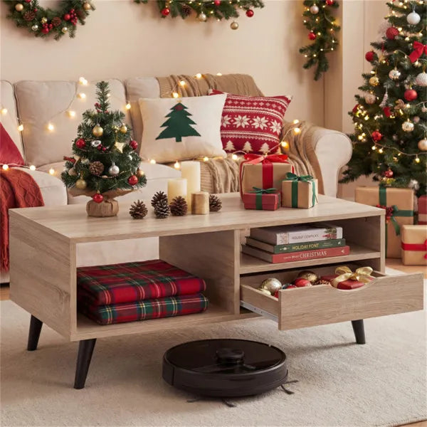 36.5" Rustic Coffee Table With Drawer & Open Shelves, Engineered Wood Center Table For Living Room Natural