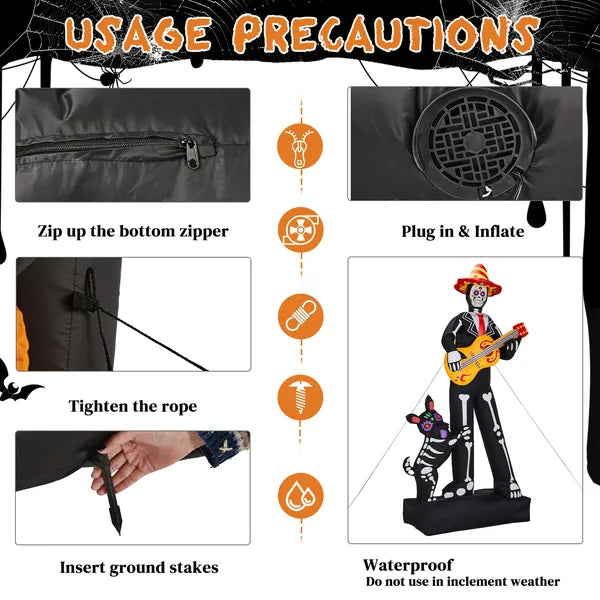 7.3ft Ghostly Musician With Dog, 6 LEDs, Black, White, Orange, Halloween Inflatable Decoration, 1500mA, 12V, US Standard - view 2