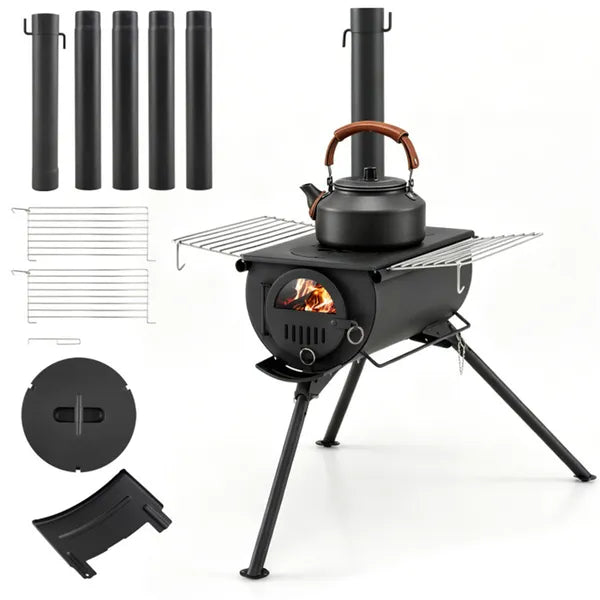 Portable Foldable Wood Burning Tent Stove With 5 Sections Chimney, Heavy Duty Carbon Steel Camping Stove With View - view 3