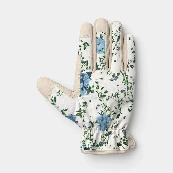 Floral Ikat Blossom Pattern Duck Canvas Work Gloves – One Size Khaki Garden Gloves - view 3
