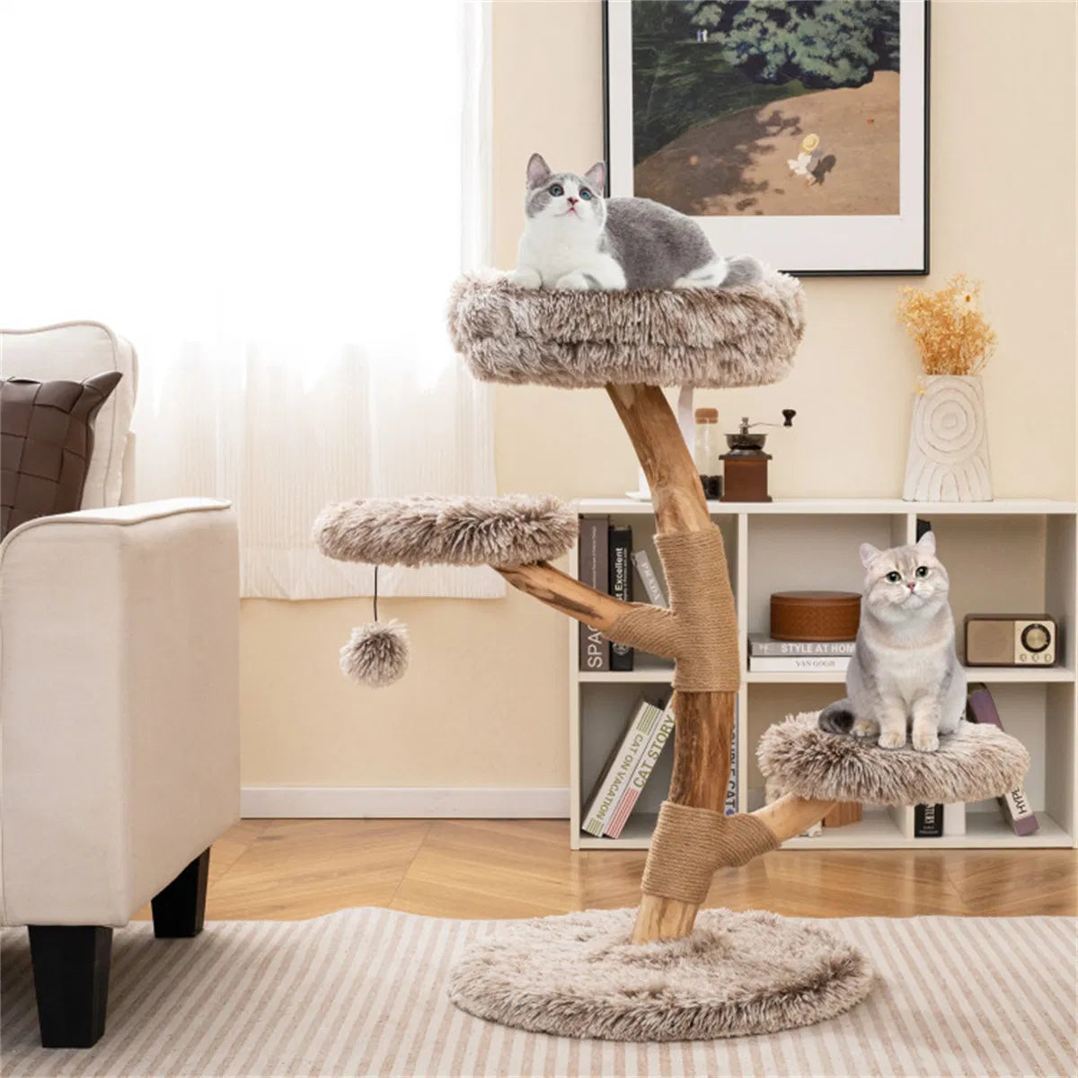 4-Level Natural Pear Wood Cat Tree - 19.5" x35.5", Jute Scratch Posts + Plush Ball, Long Plush - view 5